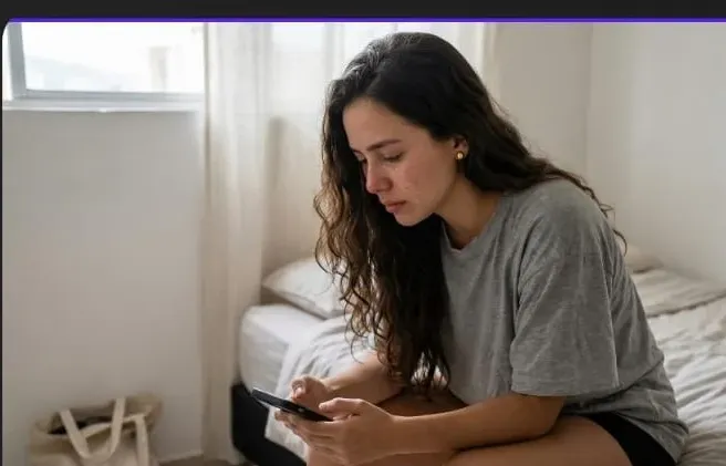 Mujer mirando su teléfono sentada en una cama